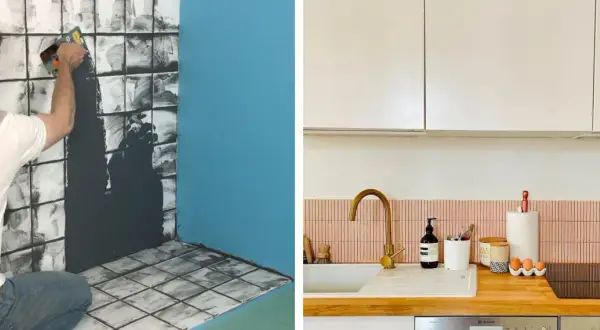 Application de mortier pour recouvrir la faïence d'une cuisine, et une crédence rose installée au-dessus d'un évier.