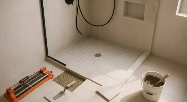 Pose de carreaux pour le revêtement sol douche italienne. Outils de pose à portée de main.