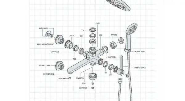 Schéma technique d'un mitigeur de douche, montrant les pièces pour le changer. On y voit le corps principal, la cartouche, la poignée et les douches.