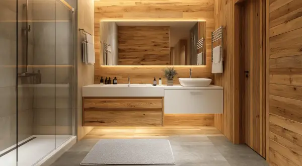 Une salle de bain blanc et bois chaleureuse, avec une douche moderne, un lavabo épuré et des accents en bois naturel.