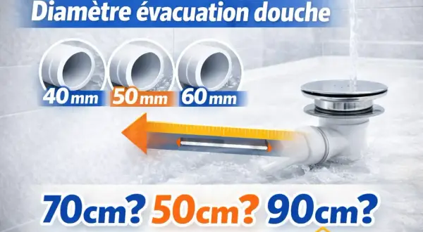 Le diamètre d'évacuation douche est crucial. L'image montre des options de 40mm, 50mm, 60mm et des questions sur 70cm, 50cm, 90cm.