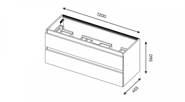 Meuble de salle de bain avec deux tiroirs. Dimensions : 1200 mm de largeur, 560 mm de hauteur et 455 mm de profondeur.
