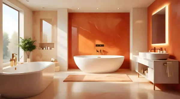 Élégante salle de bain terracotta et beige avec baignoire îlot, douche à l'italienne et lavabo sur meuble suspendu.
