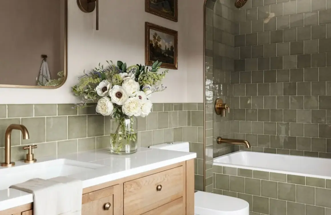 Élégante salle de bain verte avec carrelage texturé, vasque en bois, bouquet de fleurs blanches et robinetterie dorée.