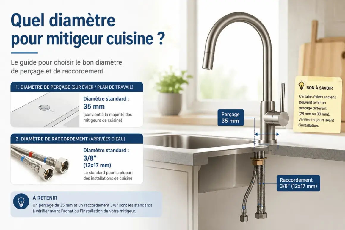 Guide pour le diamètre de perçage et de raccordement d'un mitigeur de cuisine. Le perçage standard est de 35 mm, le raccordement de 3/8".