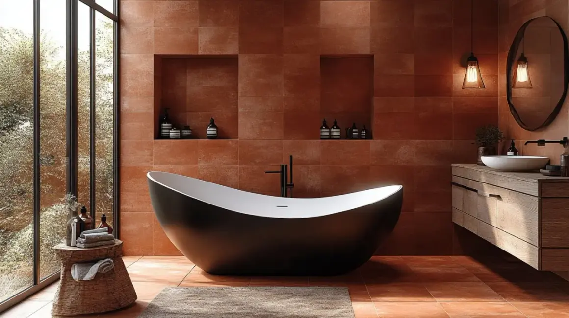 Élégante salle de bain tomette avec baignoire noire, lavabo en bois et grande fenêtre donnant sur la nature.