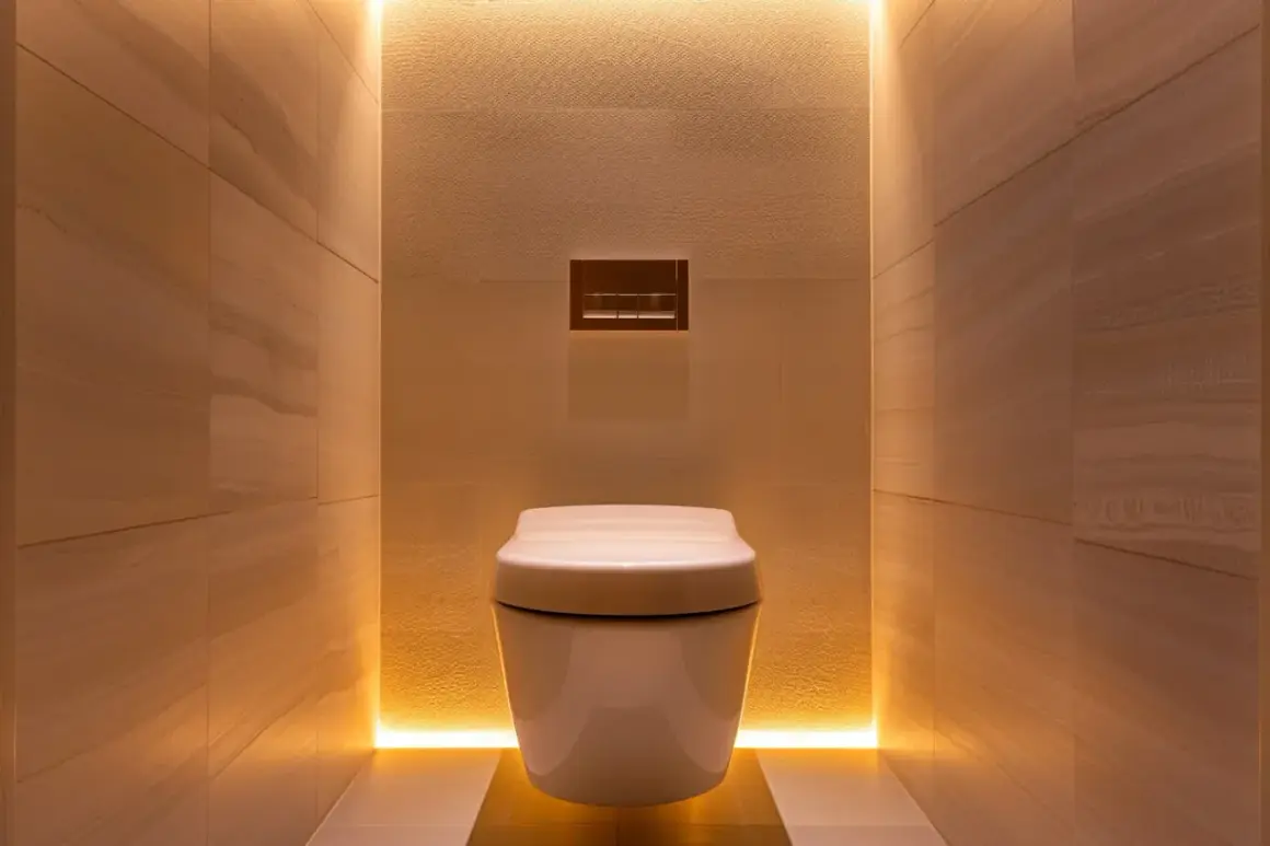 Une toilette suspendue blanche, nichée dans un alcôve aux murs de pierre, avec un éclairage LED subtil pour une deco wc moderne et apaisante.