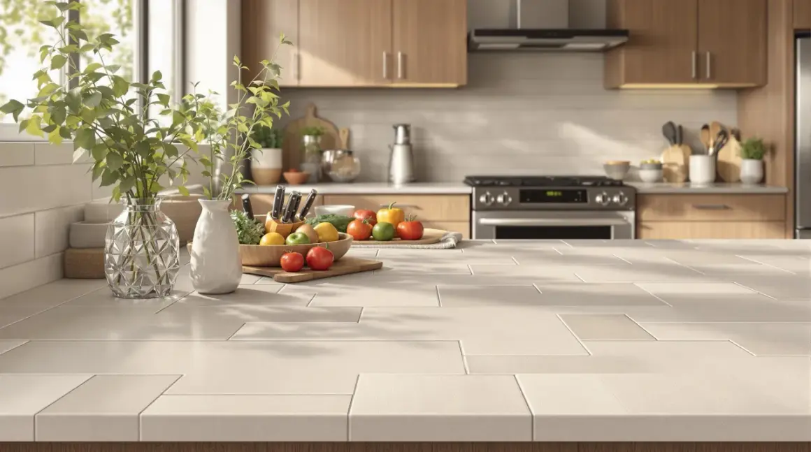 Plan de travail de cuisine avec pose de carrelage mural. Fruits et plantes vertes décorent le plan de travail.