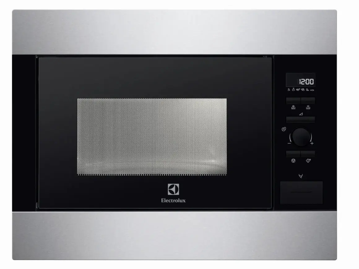Un élégant **dimension micro onde encastrable** en inox et noir, avec écran digital et commandes tactiles.