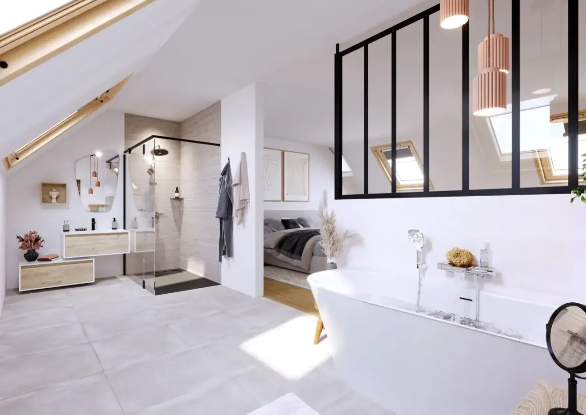 Élégante salle de bain wabi sabi avec baignoire, douche, et vue sur une chambre. Ambiance zen et épurée.