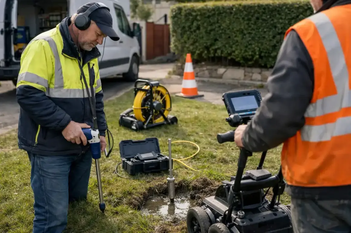 Deux techniciens utilisent un équipement spécialisé pour comment trouver une fuite d'eau dans le sol. L'un écoute avec un appareil, l'autre surveille un écran.