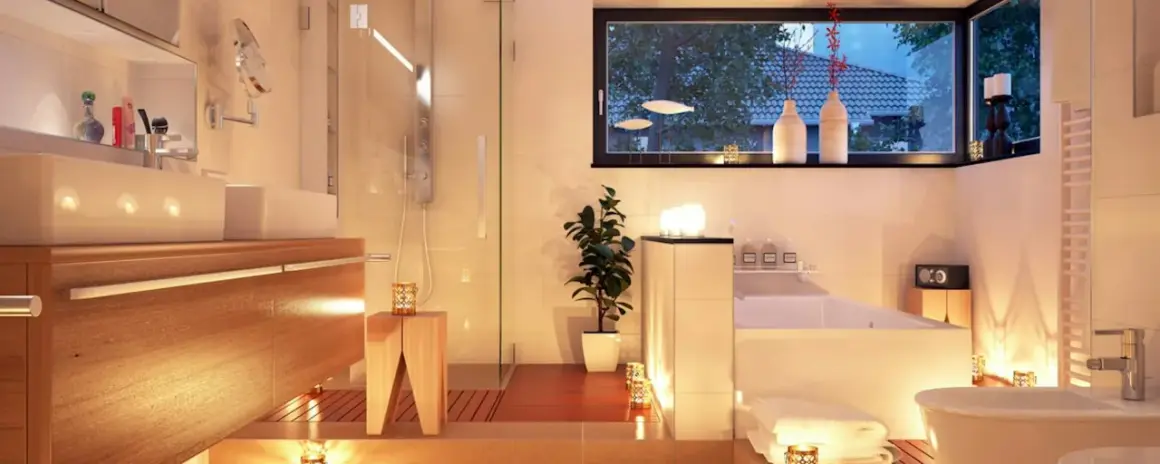 Salle de bain moderne et chaleureuse, baignée de lumière douce. Quel luminaire pour salle de bain choisir pour une ambiance zen ? Bougies et spots discrets créent une atmosphère relaxante.