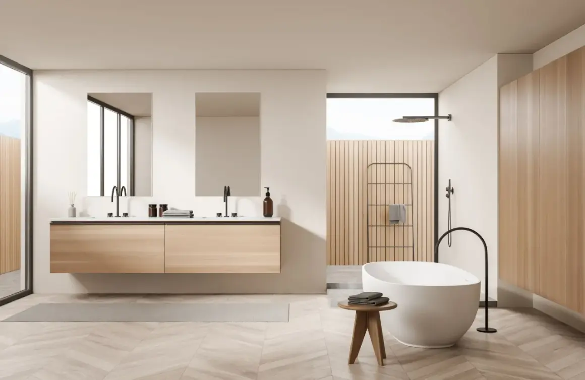Salle de bain minimaliste avec double vasque en bois, baignoire îlot et douche à l'italienne.