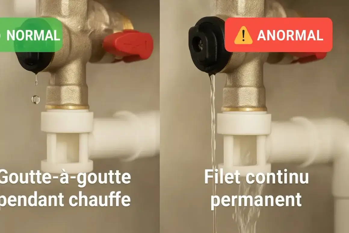 Comparaison d'un groupe de sécurité de chaudière : goutte à goutte normal vs. filet continu anormal.