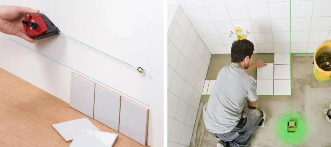 Pose d'un carrelage au sol et au mur avec un laser de chantier pour un calepinage parfait.