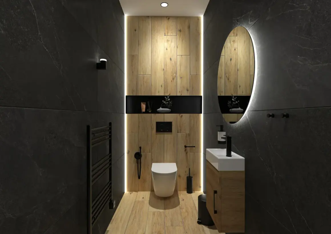Élégante deco wc noir et bois, avec un mur en bois chaleureux, un WC suspendu et un lavabo moderne.
