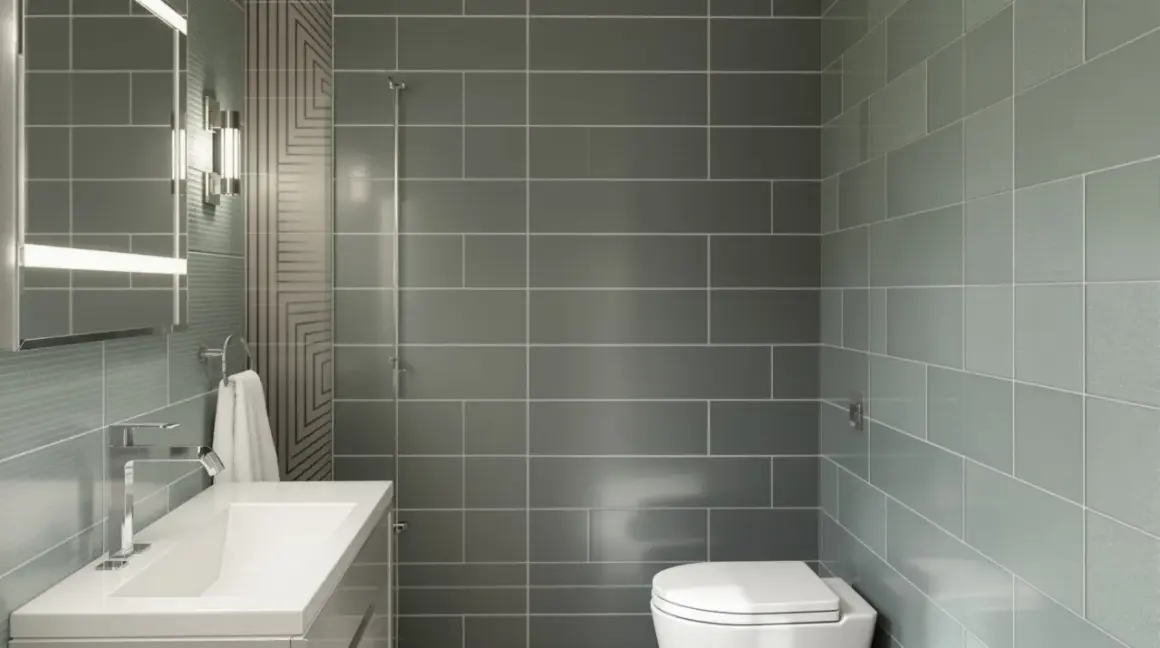 Salle de bain moderne avec lavabo, miroir éclairé et WC. Le carrelage sur placo gris et vert crée une ambiance épurée.