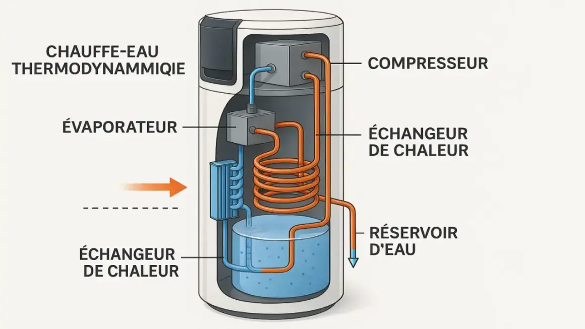 Schéma d'un chauffe-eau thermodynamique montrant le compresseur, l'évaporateur, les échangeurs de chaleur et le réservoir d'eau.