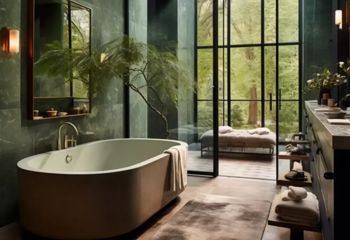 Élégante salle de bain travertin et vert, avec baignoire, vue sur jardin luxuriant.