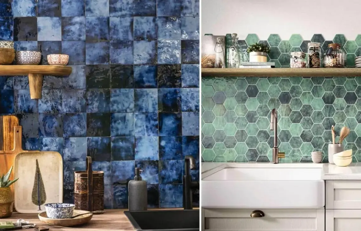 Carrelage zellige bleu profond et hexagones verts pour une cuisine ou une salle de bain.