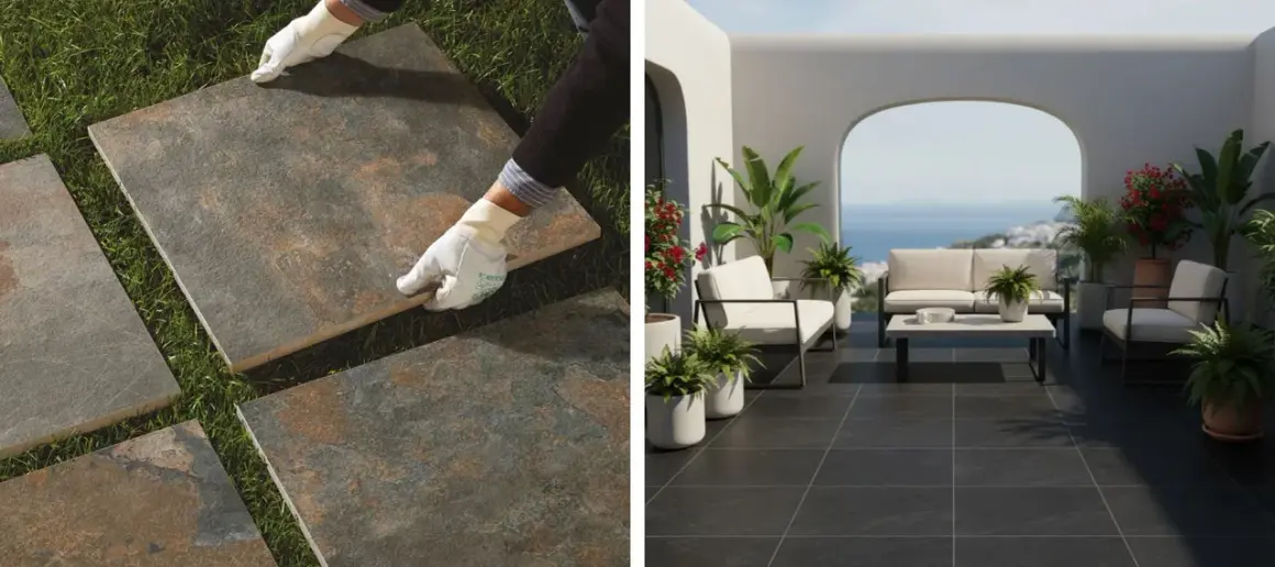Pose de dalles grès cérame pleine masse sur une pelouse et sur une terrasse moderne avec vue mer.