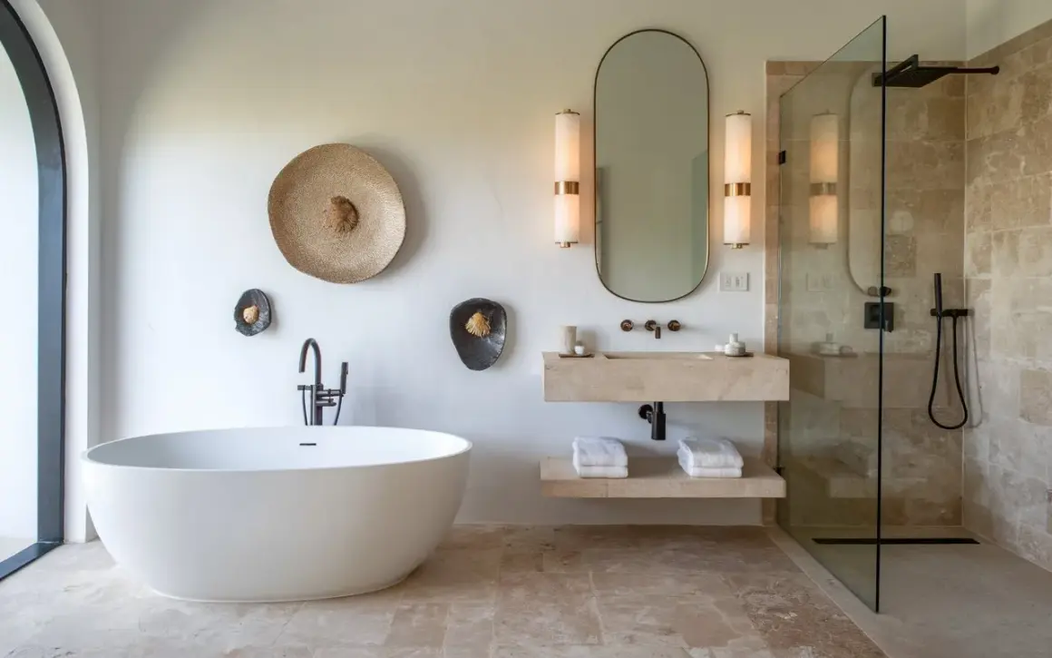Salle de bain moderne avec baignoire îlot, lavabo en pierre et douche à l'italienne. Le sol et les murs de la douche sont en travertin 1er ou 2ème choix, apportant une touche naturelle et élégante.