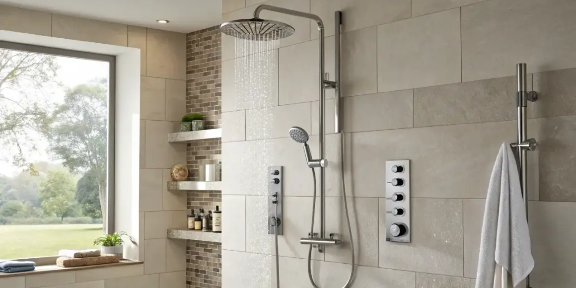 Colonne de douche moderne avec douchette et thermostat, idéale pour choisir sa colonne de douche parfaite.