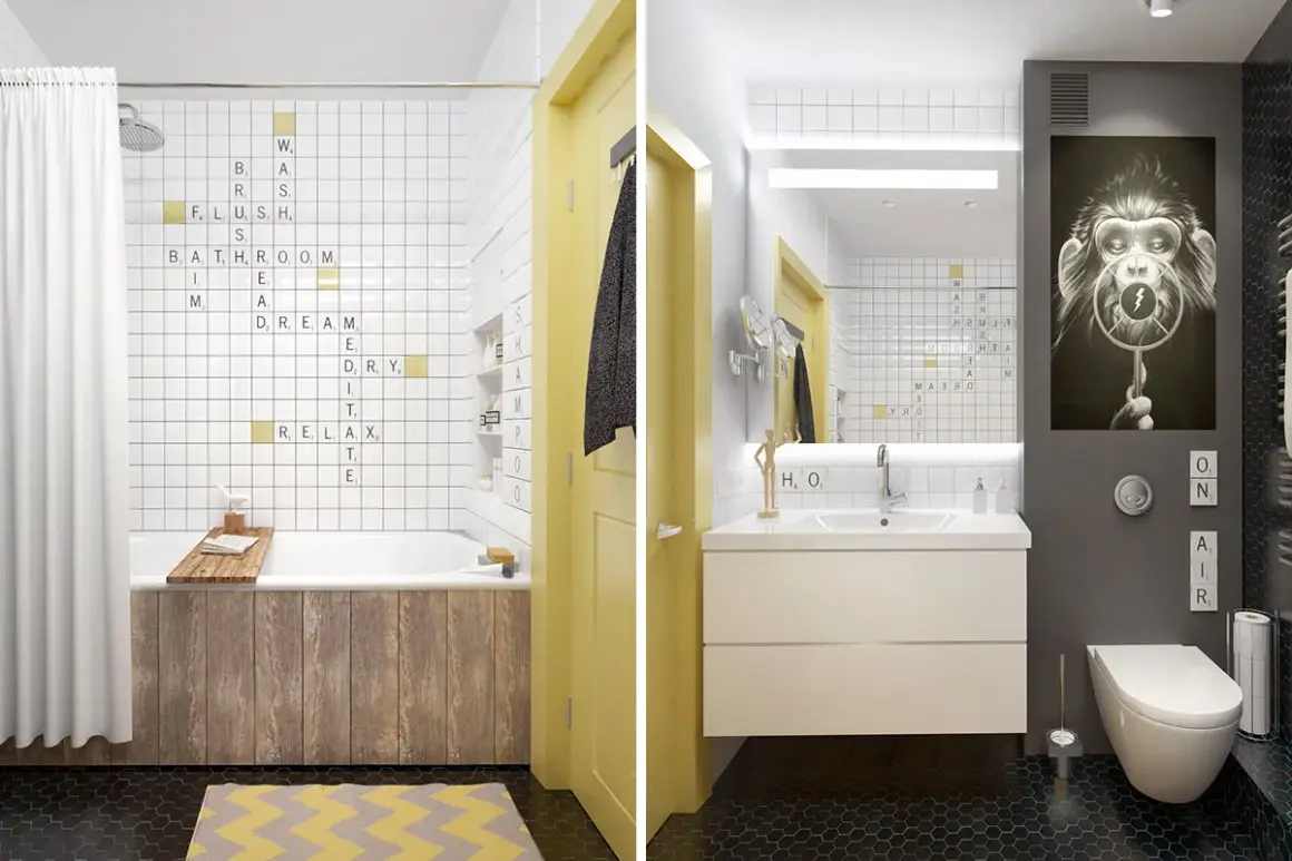 Une salle de bain enfant ludique avec des mots à la scrabble sur les murs. Une idée originale pour une décoration joyeuse et interactive.