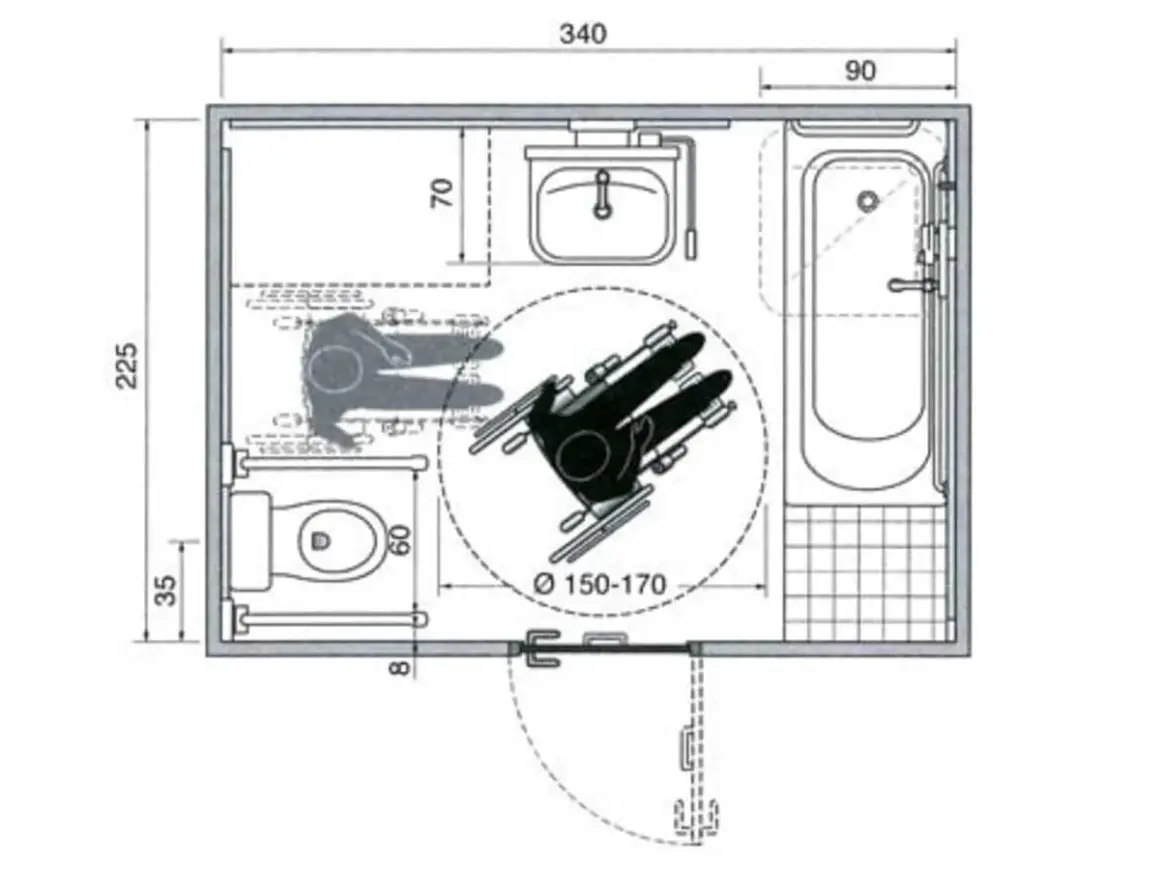 Plan d'une salle de bain PMR avec WC, baignoire et lavabo, optimisée pour la circulation en fauteuil roulant.