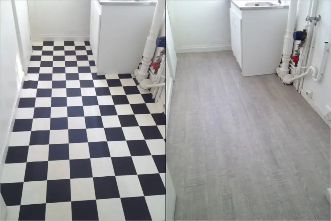 Comparaison avant/après : un carrelage moche à damier noir et blanc remplacé par un revêtement gris imitation bois.