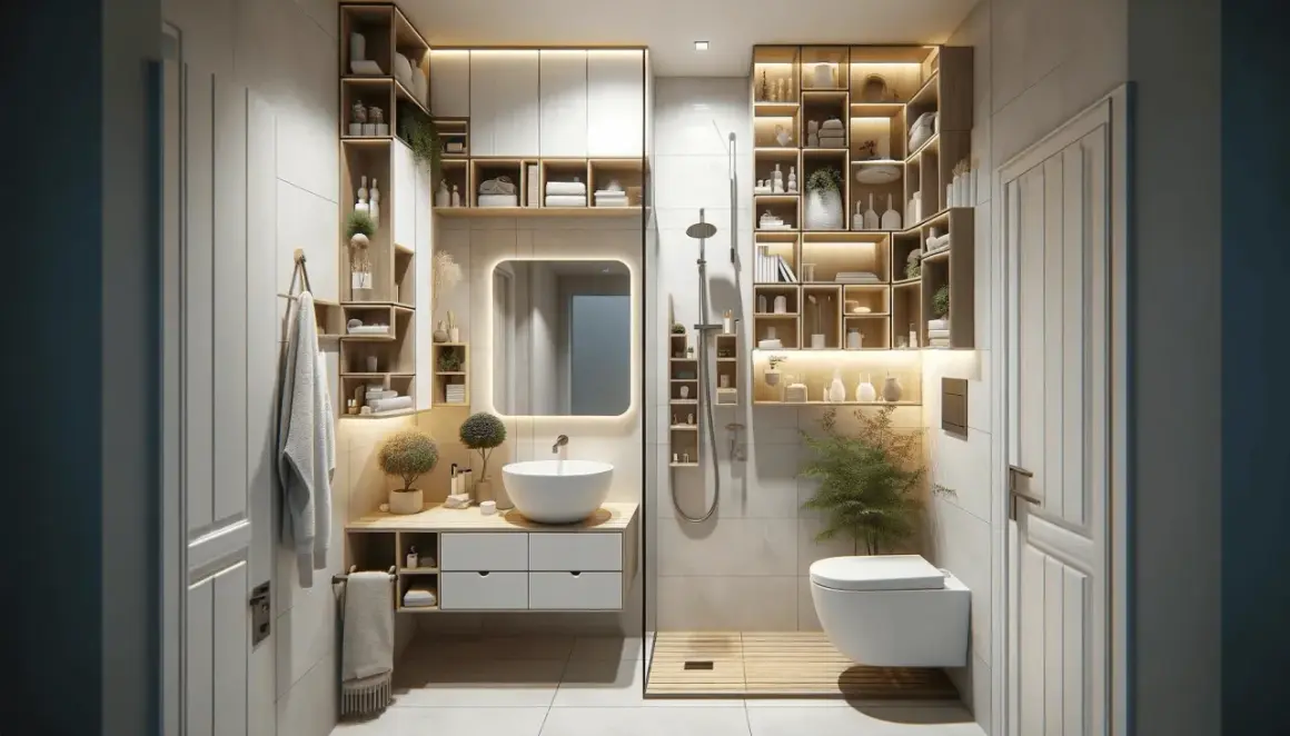 Plan salle de bain moderne avec lavabo, miroir, douche et toilettes suspendues. Étagères en bois clair pour le rangement.