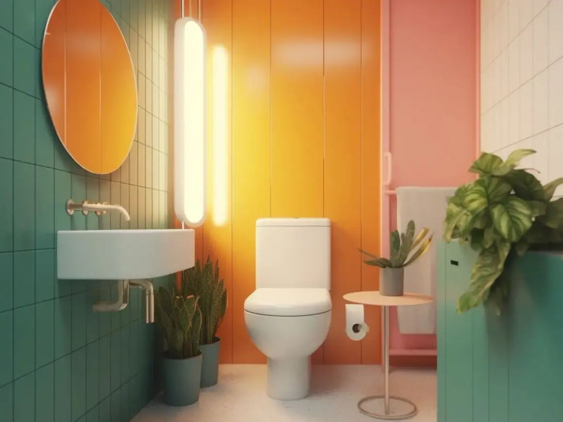 Salle de bain colorée avec lavabo, toilettes et plantes. Une décoration toilette moderne et vibrante.