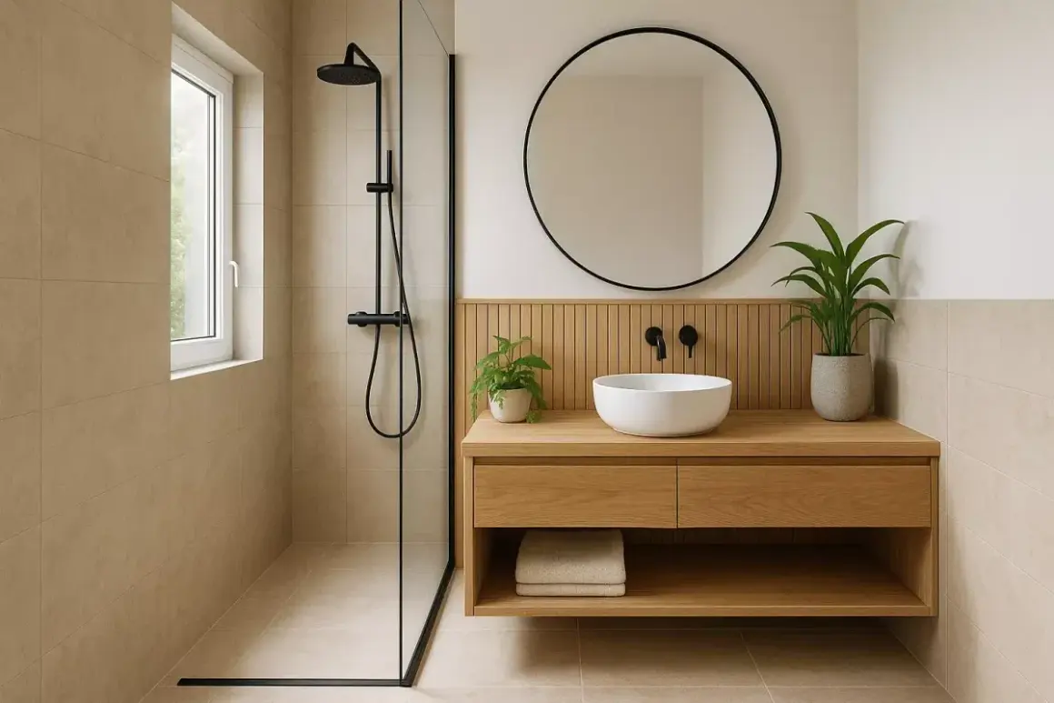 Douche moderne et meuble vasque en bois dans une petite salle de bain 3m2. Miroir rond et plantes vertes apportent une touche de fraîcheur.
