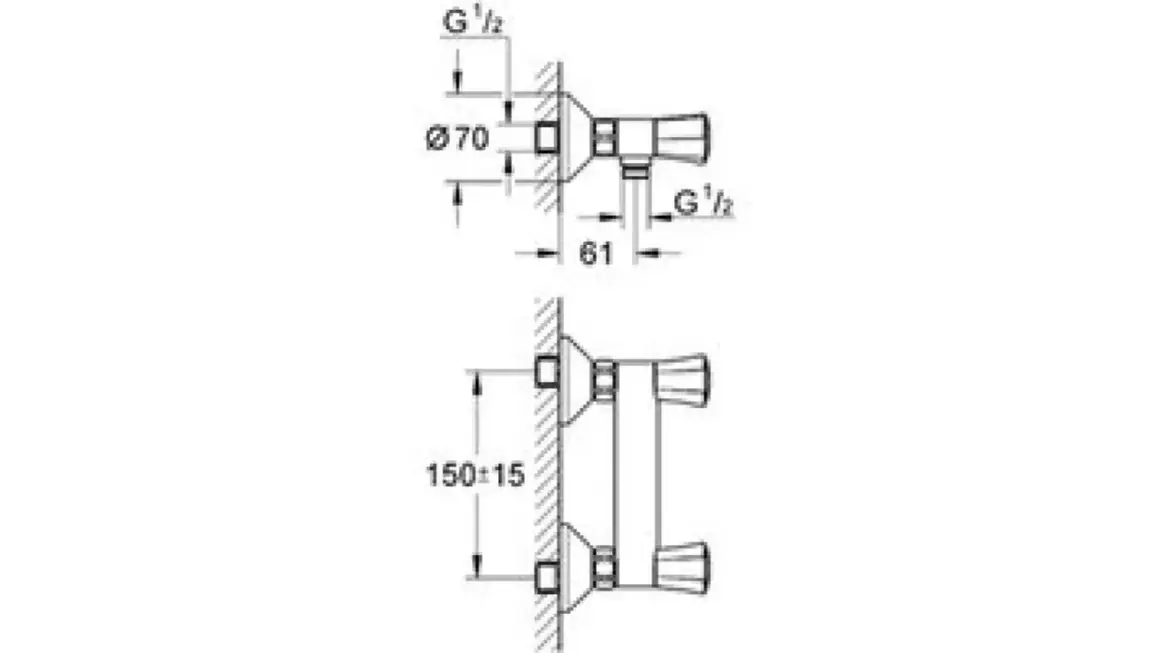 Schéma technique montrant l'entraxe robinet douche de 150 mm, avec dimensions pour installation.