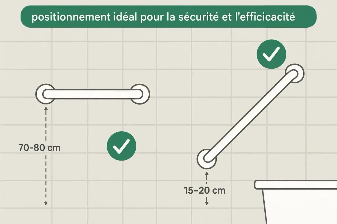 Schéma montrant les dimensions idéales pour les barres d'appui dans un wc pmr : 70-80 cm de hauteur pour une barre horizontale, 15-20 cm pour une barre inclinée.