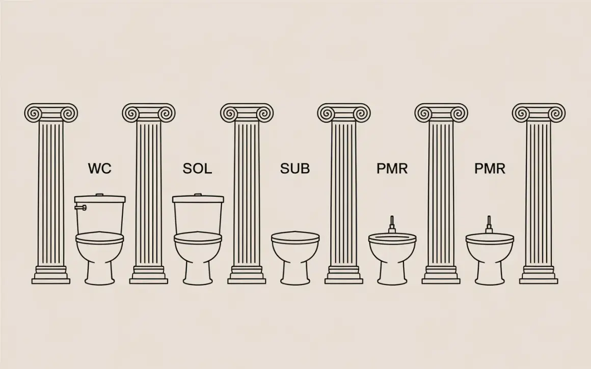 Comparaison de la hauteur sortie wc : WC, SOL, SUB, PMR. Différents modèles de toilettes présentés sous des colonnes antiques.