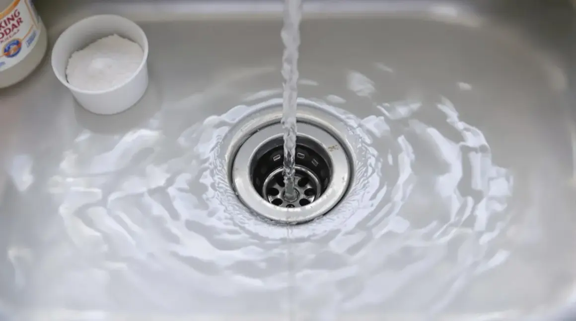 Eau courante dans un évier, avec une tasse de bicarbonate de soude à côté, pour déboucher le lavabo.