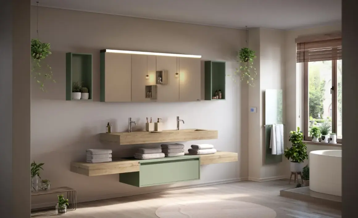 Salle de bain moderne avec lavabo flottant, rangements verts et une plante pour salle de bain apportant une touche de nature.