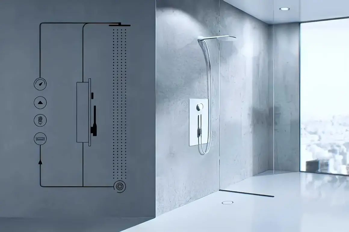Schéma d'une douche moderne avec un système de douche recyclage eau. Le design épuré et la technologie innovante promettent une expérience de bien-être durable.