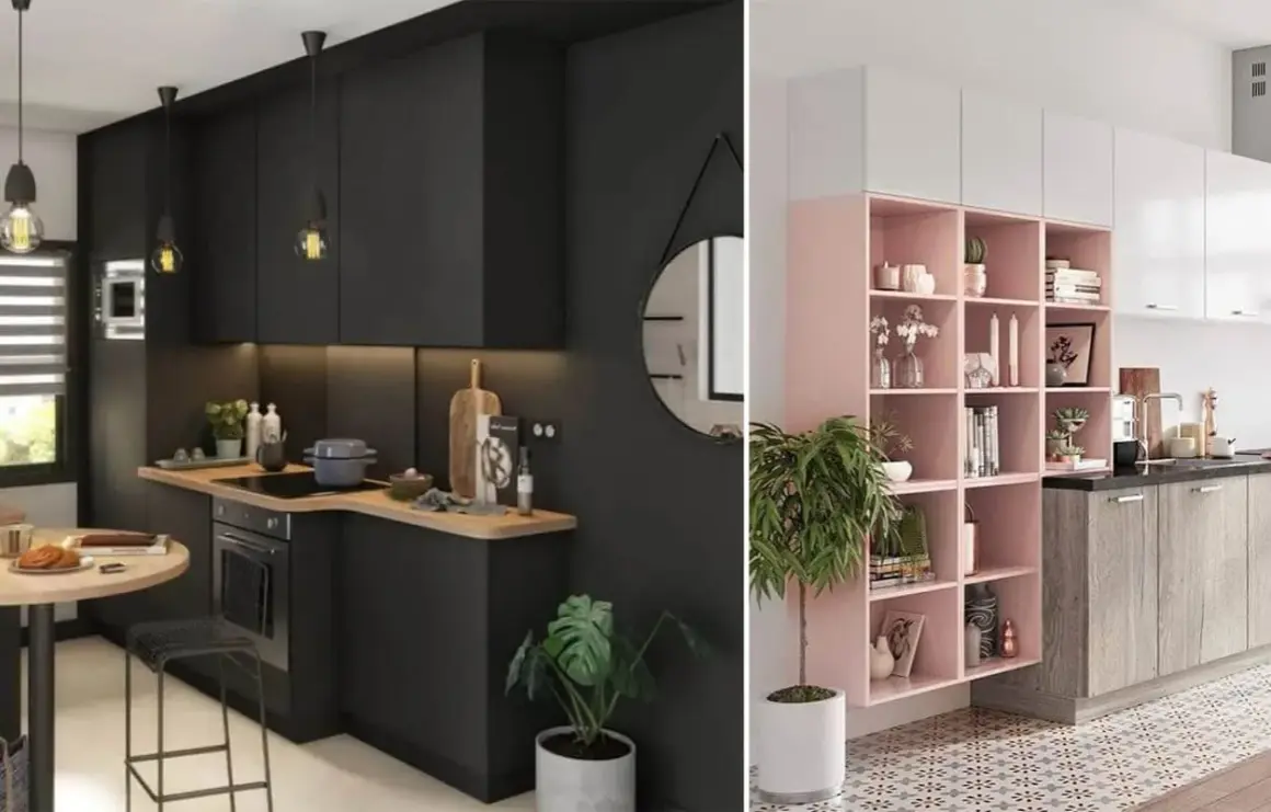 Cuisine salle à manger en longueur avec meubles noirs modernes et étagères roses décorées.