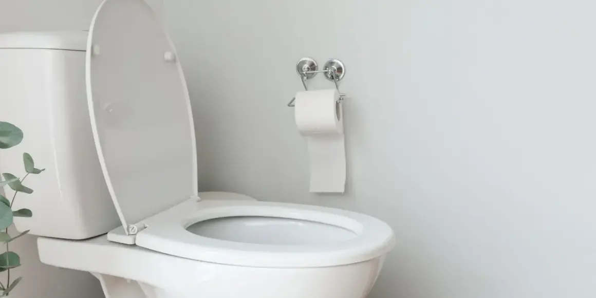 Un WC blanc avec le couvercle ouvert, prêt pour l'évacuation des eaux usées et du WC. Un rouleau de papier toilette est accroché au mur.