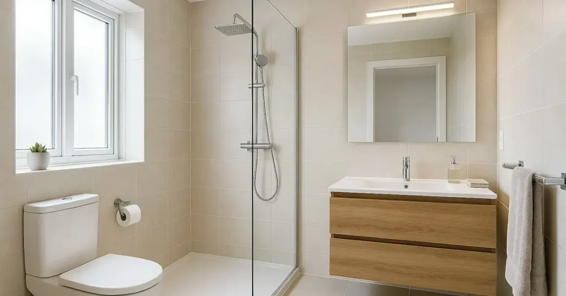 Salle de bain moderne avec douche à l'italienne, meuble vasque en bois, miroir et fenêtre. Idéal pour un remplacement baignoire par douche.