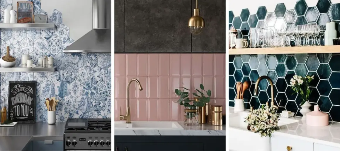 Trois cuisines modernes avec des crédences en faience : motifs bleus, rose pastel et hexagones bleu nuit.