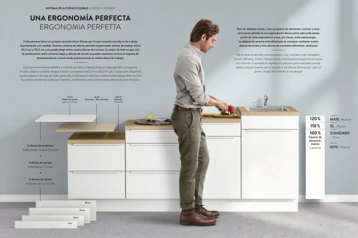 Un homme prépare des légumes dans une cuisine moderne. Le système offre une hauteur de travail personnalisable pour une ergonomie parfaite.