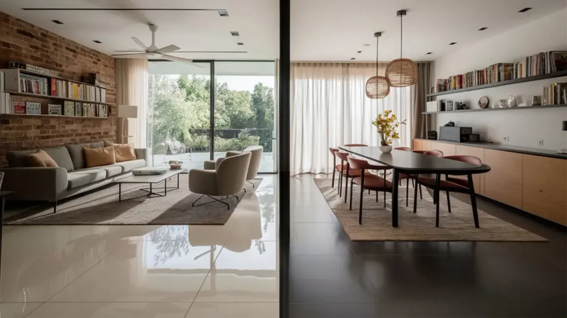 Salon et salle à manger modernes. Le carrelage clair au sol, posé dans le sens de la lumière, agrandit visuellement l'espace.