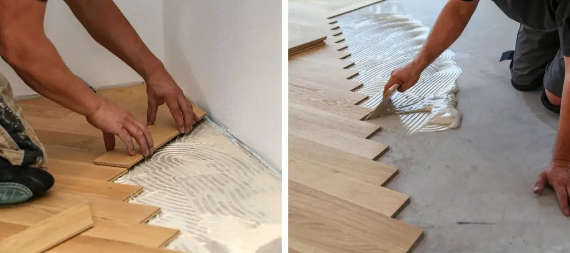 Pose de carrelage imitation parquet. Un artisan applique la colle pour un nouveau sol en bois.