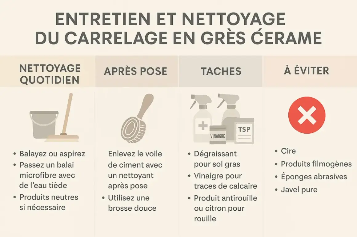 Guide d'entretien du carrelage en grès cérame : nettoyage quotidien, après pose, gestion des taches et produits à éviter.