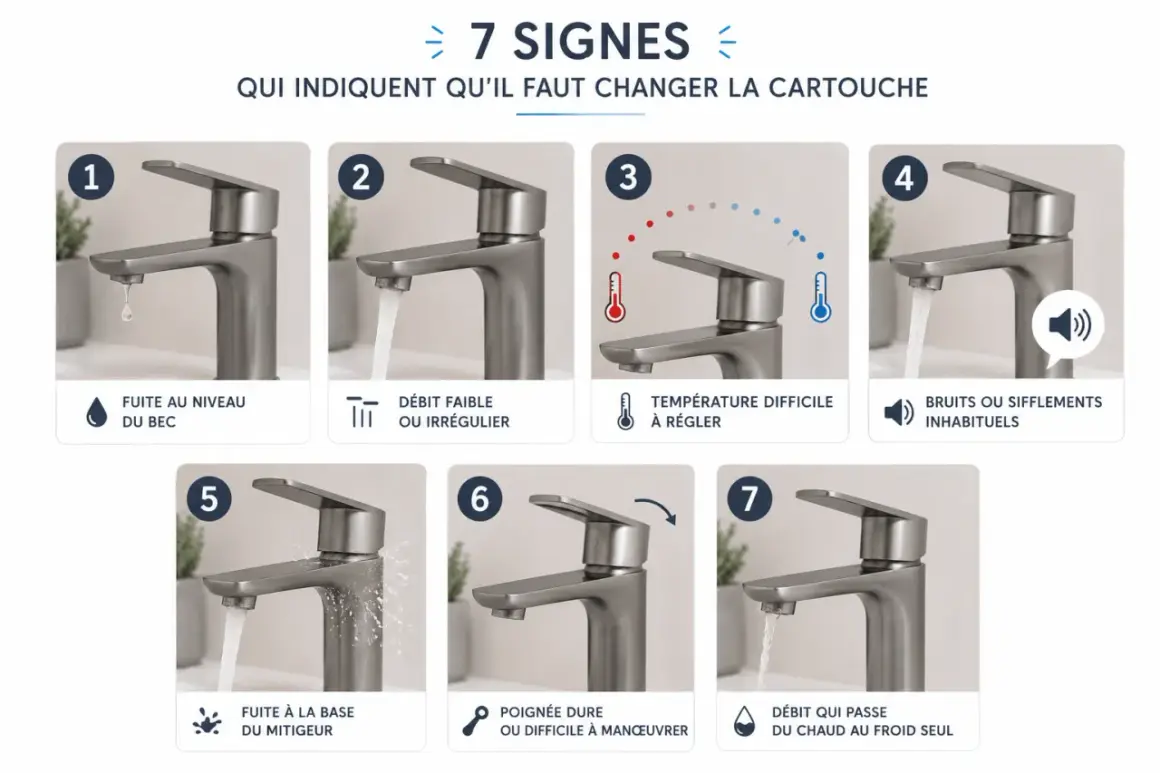 7 signes indiquant qu'il faut changer la cartouche du mitigeur : fuites, débit faible, température instable, bruits, poignée dure.