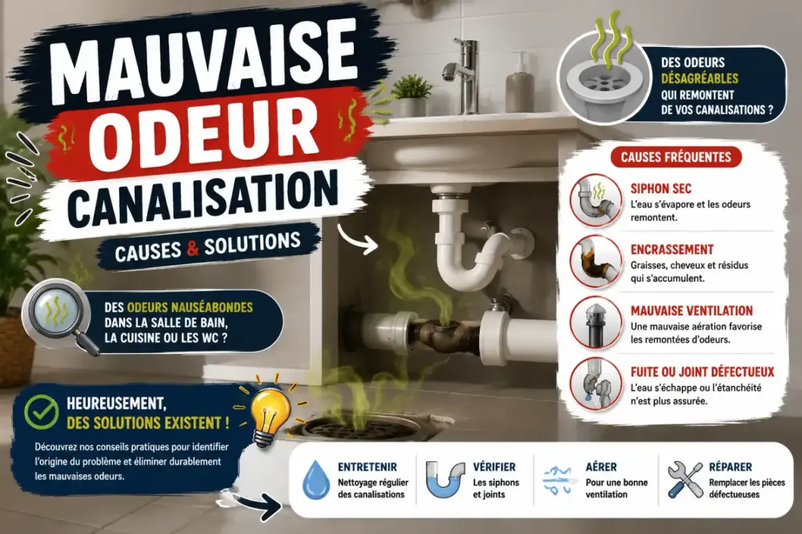 L'image illustre les causes et solutions des mauvaises odeurs de canalisation, avec des conseils pour y remédier.