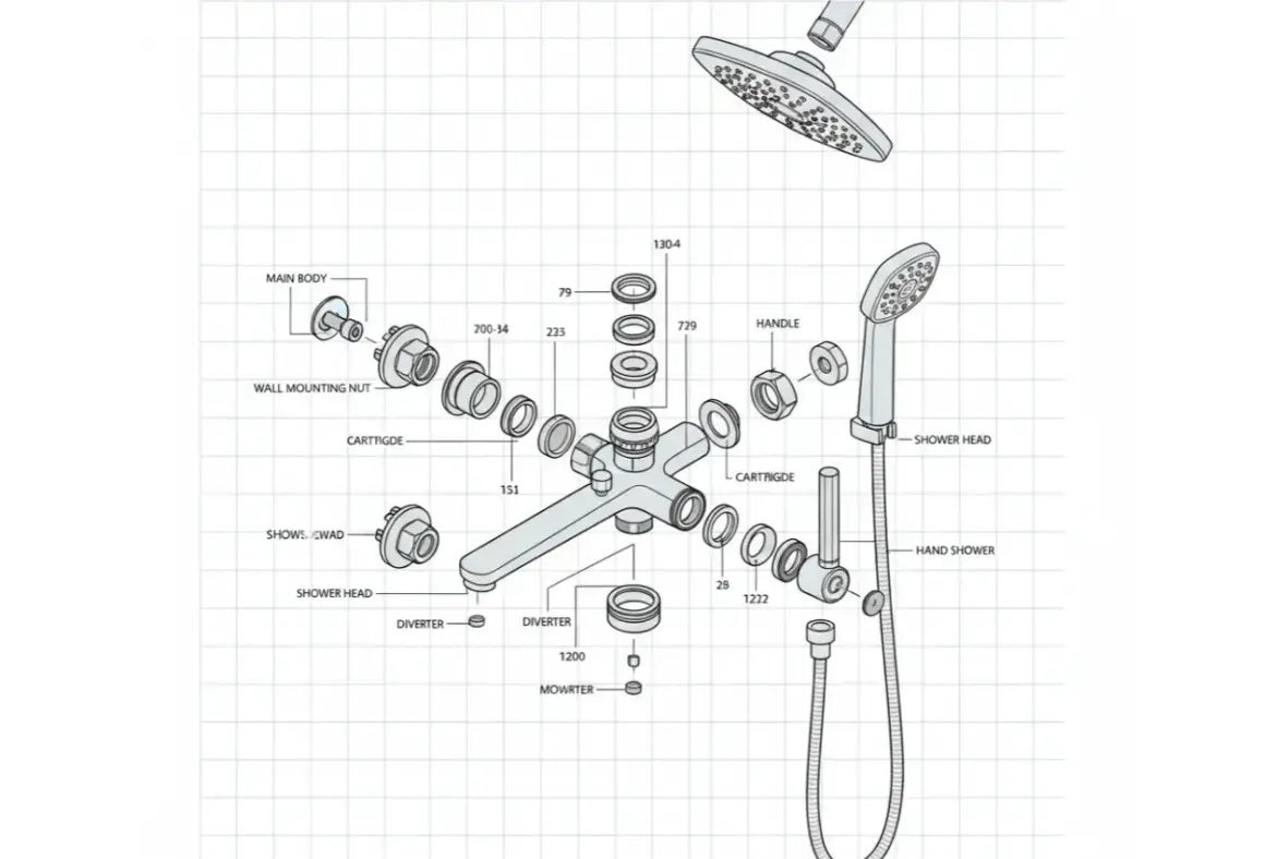 Schéma technique d'un mitigeur de douche, montrant les pièces pour le changer. On y voit le corps principal, la cartouche, la poignée et les douches.